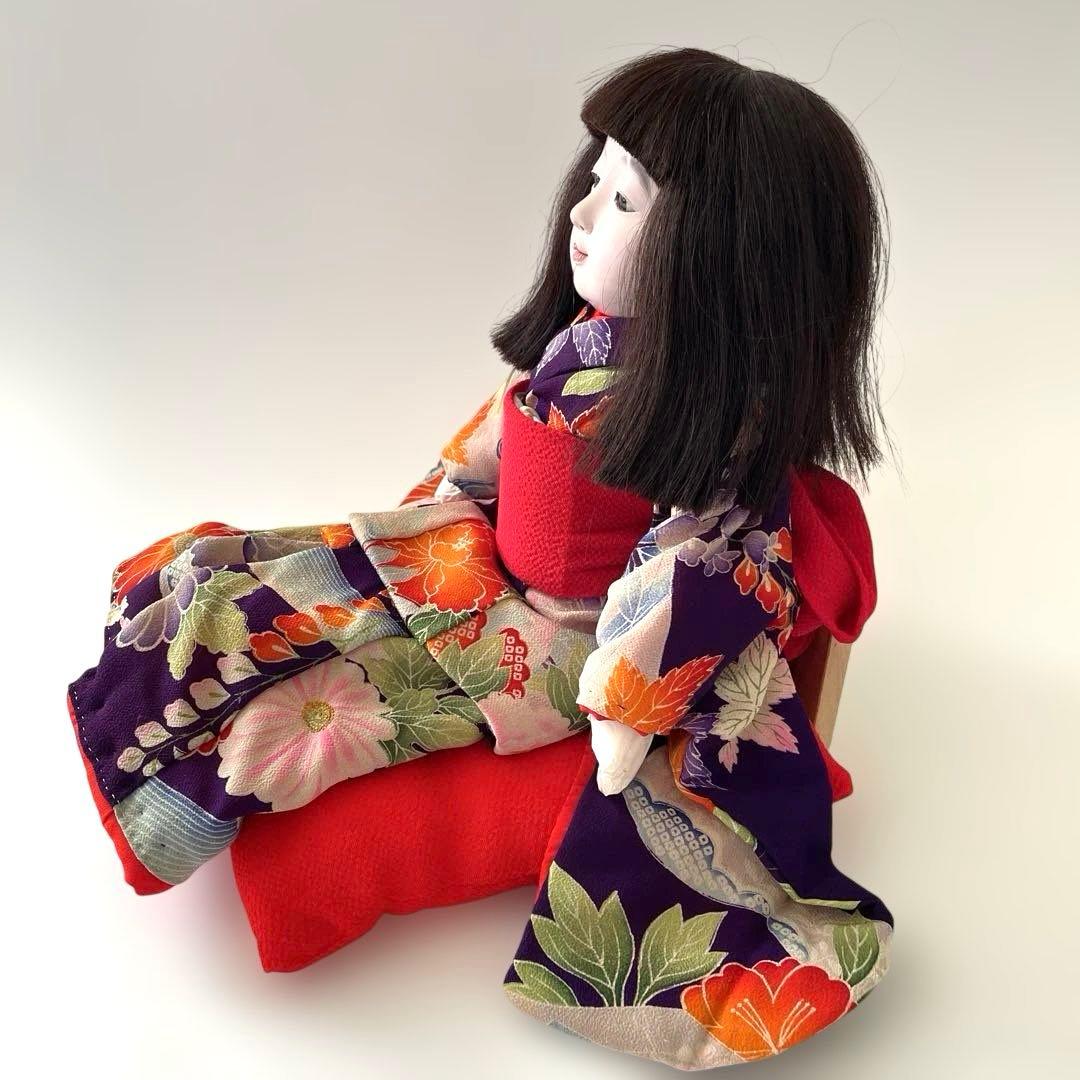 市松人形　松乾斎東光作　座り市松　正絹古代裂着物