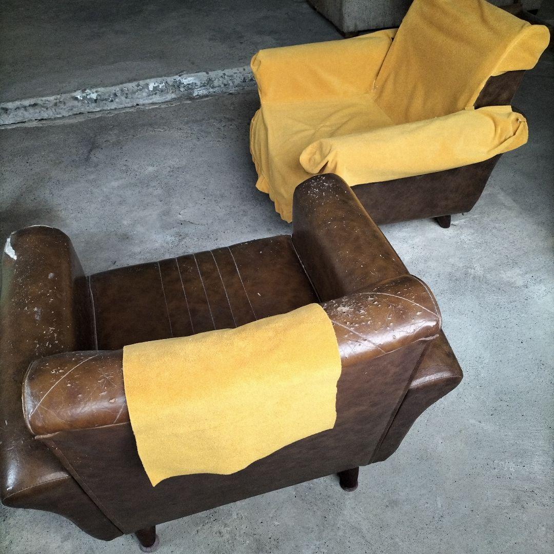 昭和レトロ茶色合成皮革 1人掛けソファ、2個ペア