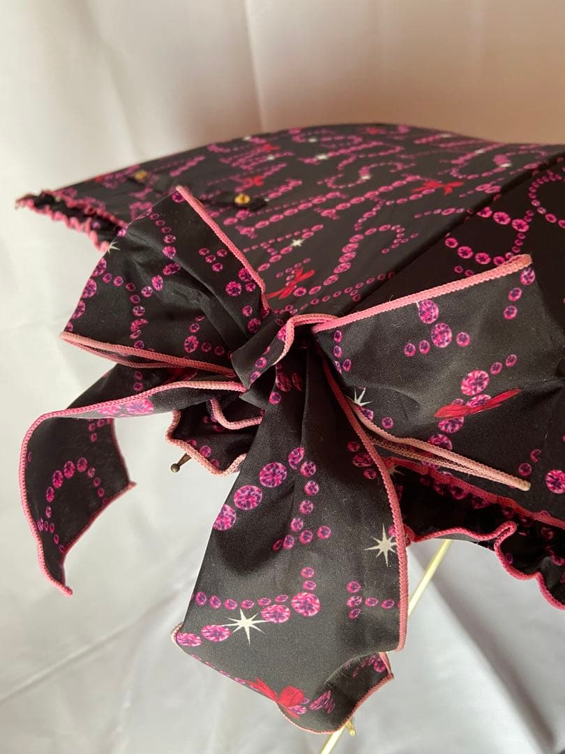 ★レア★　MARS マーズ　リボン付フリルMARSストーンロゴ柄長傘　黒✗ピンク