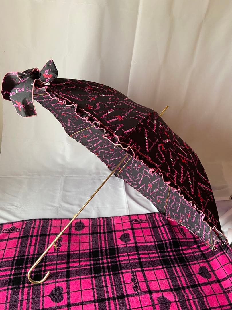 ★レア★　MARS マーズ　リボン付フリルMARSストーンロゴ柄長傘　黒✗ピンク