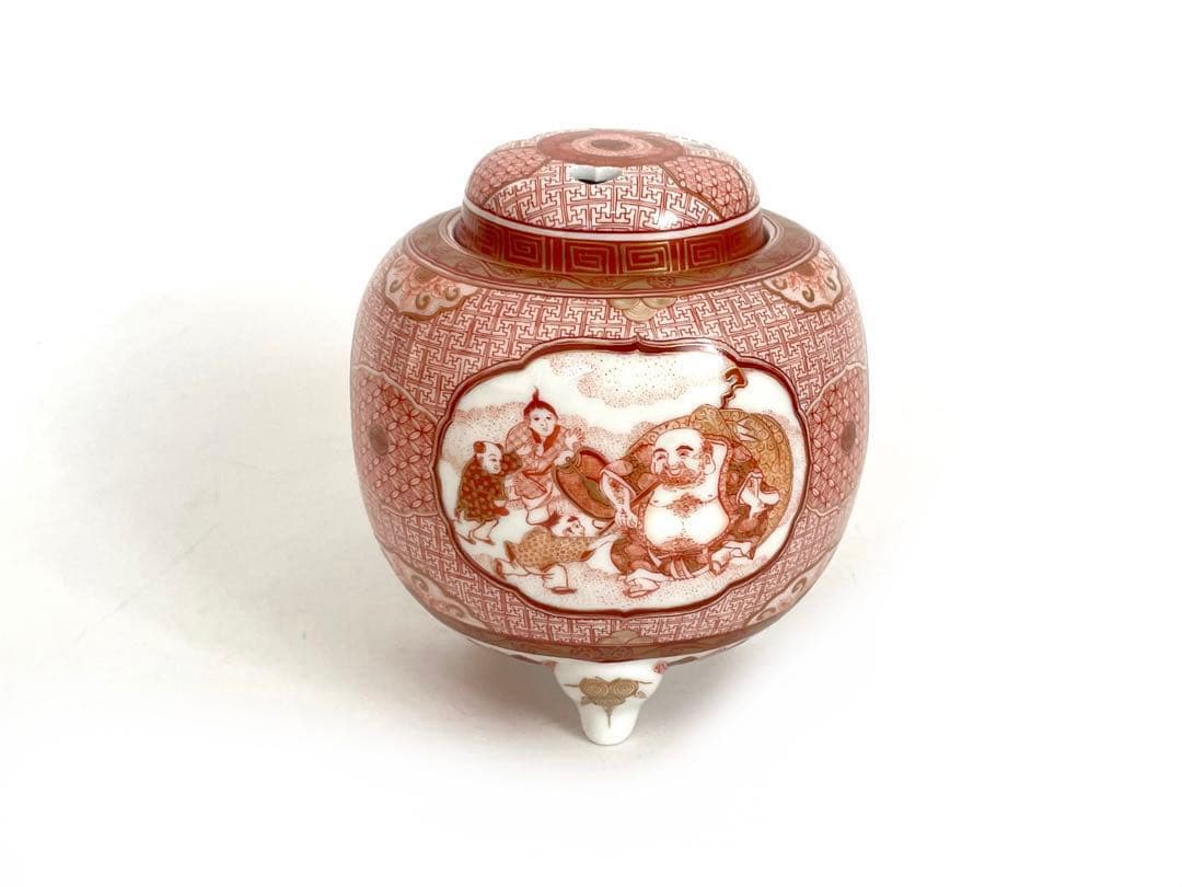 陶芸家　福島武山　九谷焼　細密赤絵　三つ足　香炉　香爐　鳳凰　菊　大黒　箱なし