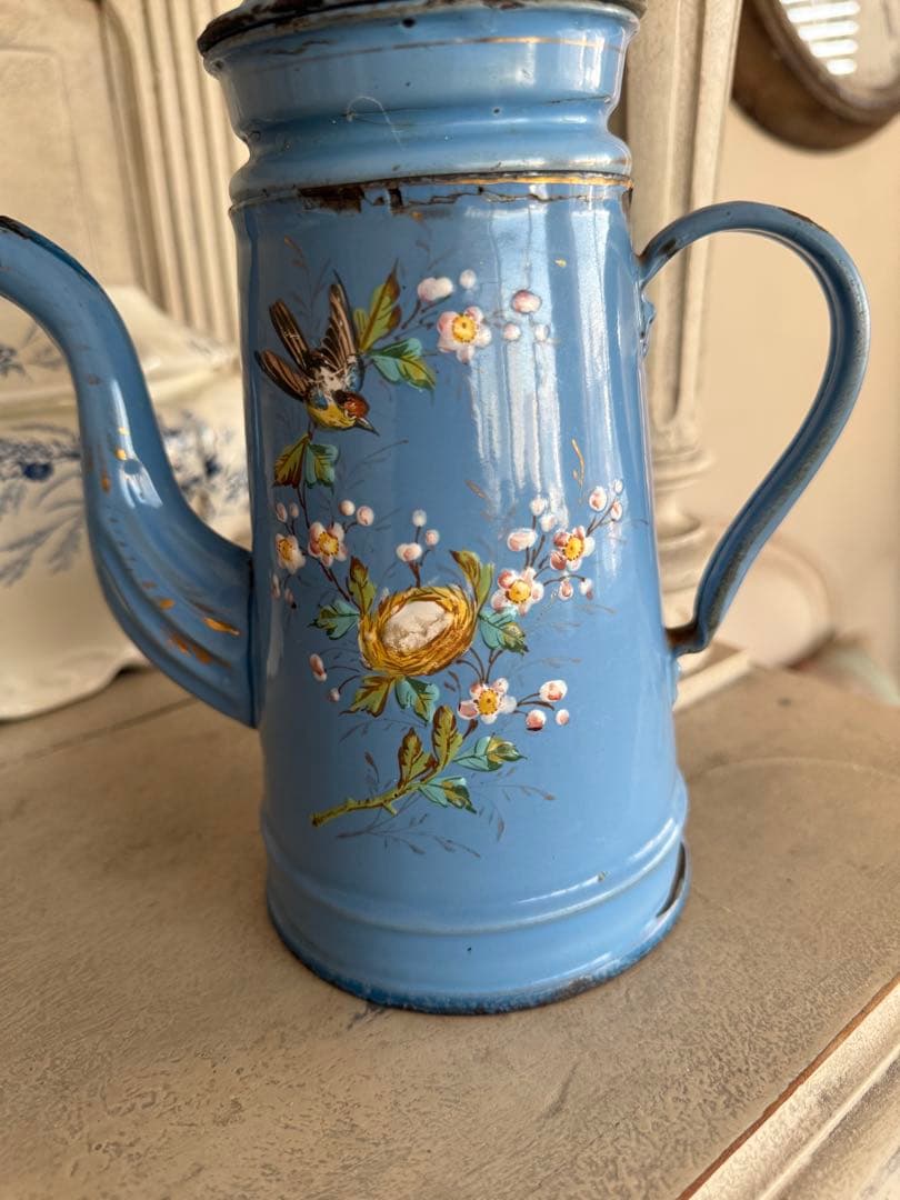 フランスアンティークエトワール社レア！小鳥と小鳥の巣ハンドペイントホーローポット