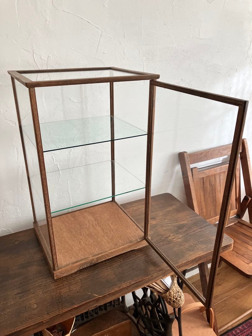 【引取限定】古い木枠のガラスケース 3段ショーケース 木製コレクションケース
