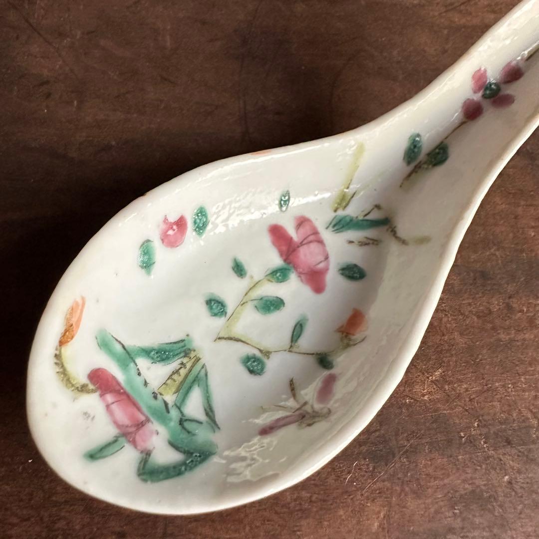 清時代 レンゲ スプー ン 粉彩 花柄 酒器 茶道具 陶磁器 中国美術