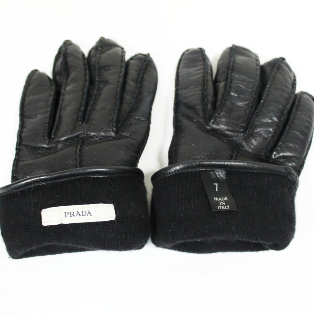 美品 プラダ 手袋 グローブ ラムレザー カシミヤ 7 ブラック PRADA
