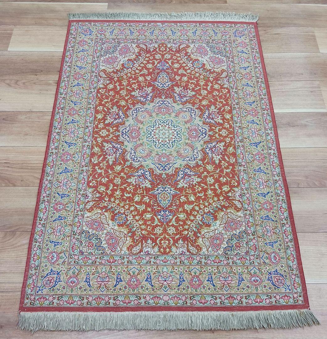 Y3295 高級ペルシャ絨毯 クム産 シルク100% 手織り110万ノット