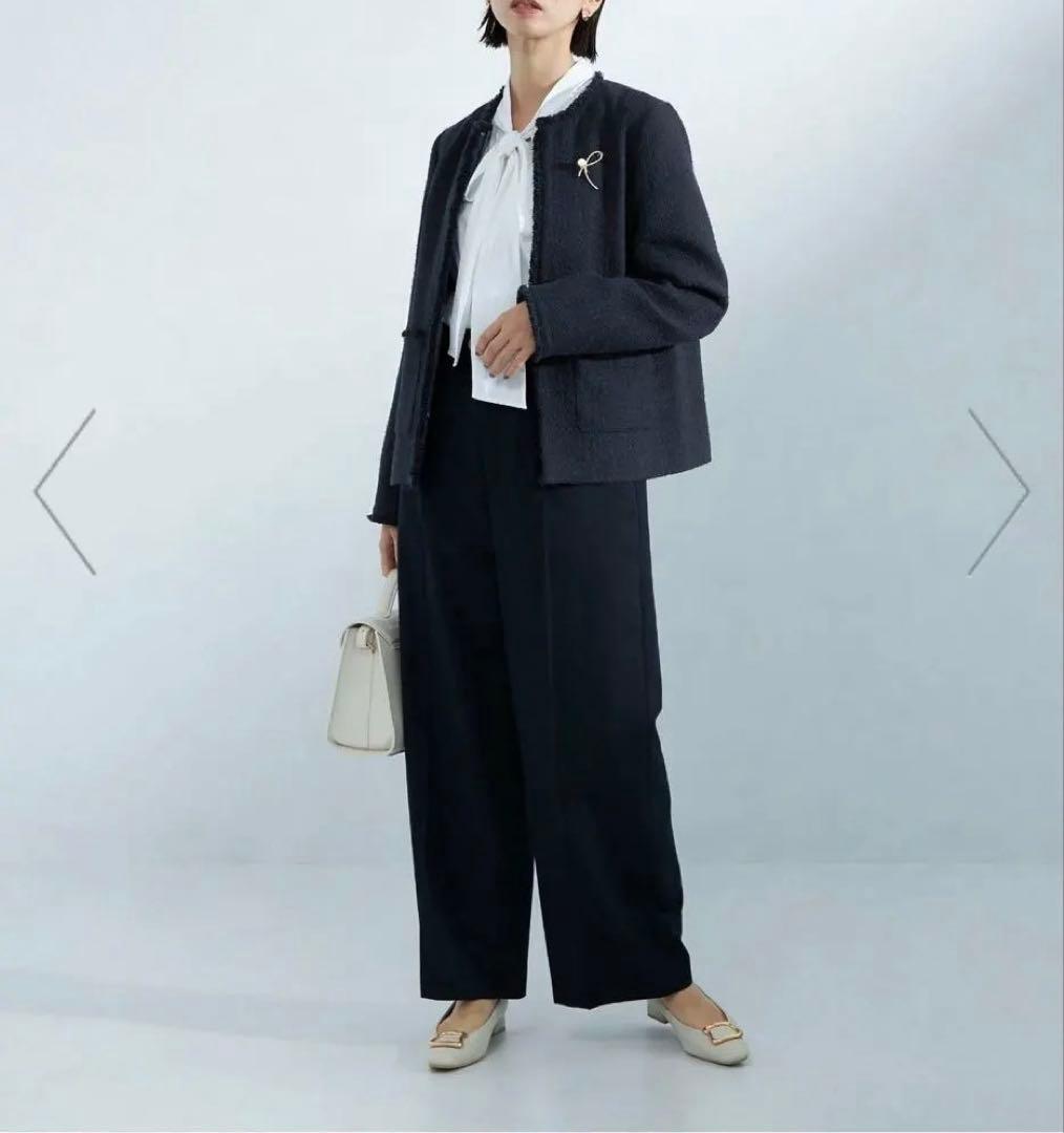 【試着のみ未使用】ツイードライク ノーカラー ジャケット　グリーンレーベル