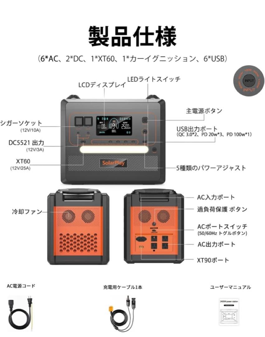 た*店様 SolarPlay 2500W ポータブル電源2300Wh/72000