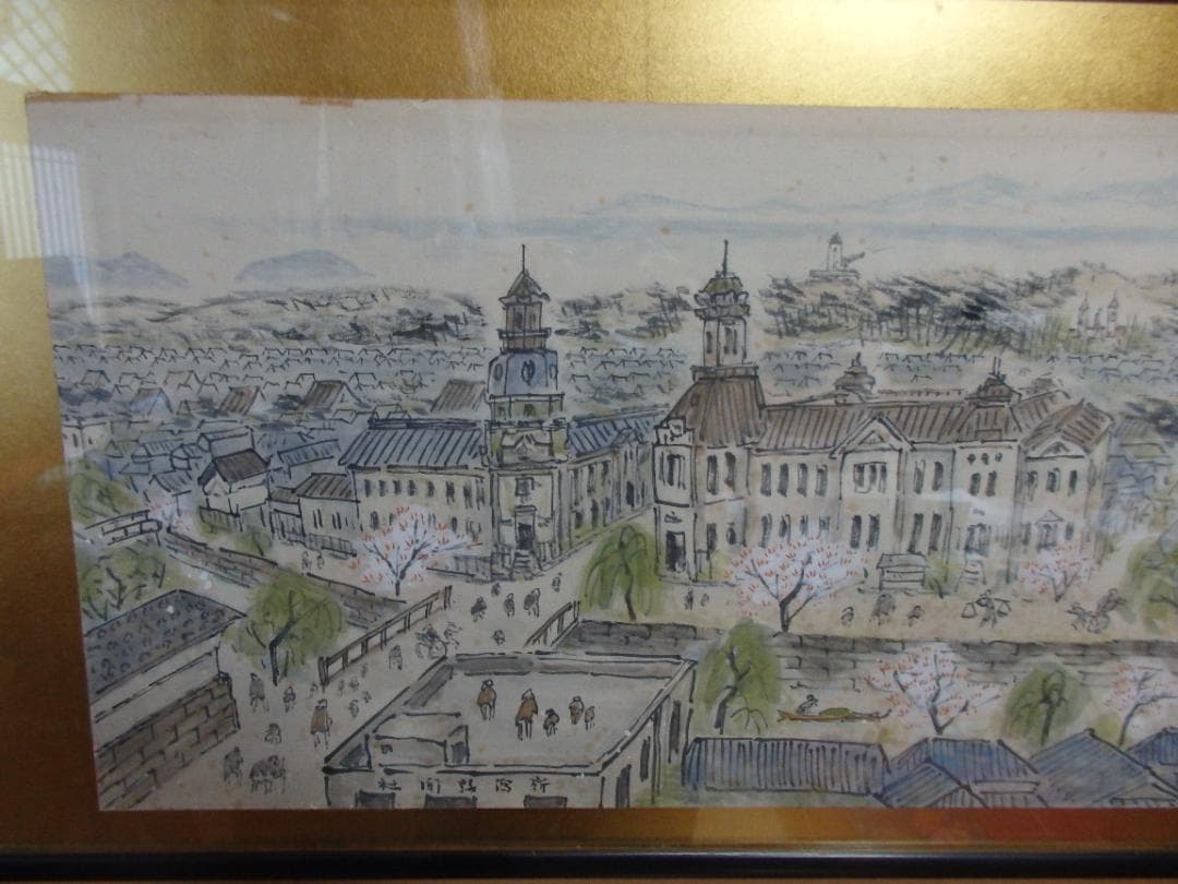 新潟昔の風景画家　高橋五仙子思い出の新潟百景『西堀通』紙本 額装(扁額)直筆保証