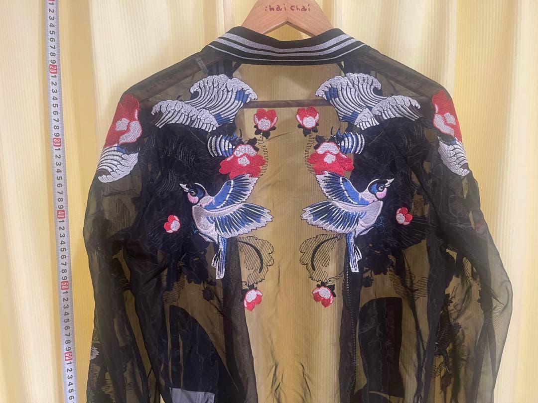 Ochirly(L)透けるスカジャンTATOO柄,春夏軽い,未使用に近い男女兼用