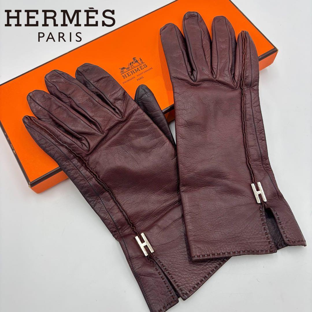HERMES エルメス Hロゴモチーフ レザー グローブ 革手袋　ボルドー