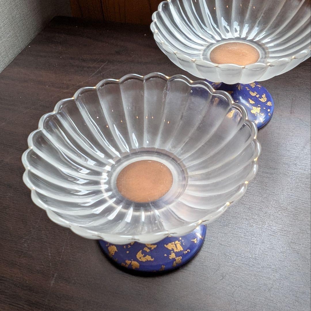 【希少】金彩が美しいハイブリッド高台皿 3脚セット ふぐ刺し　ガラス陶器 料亭