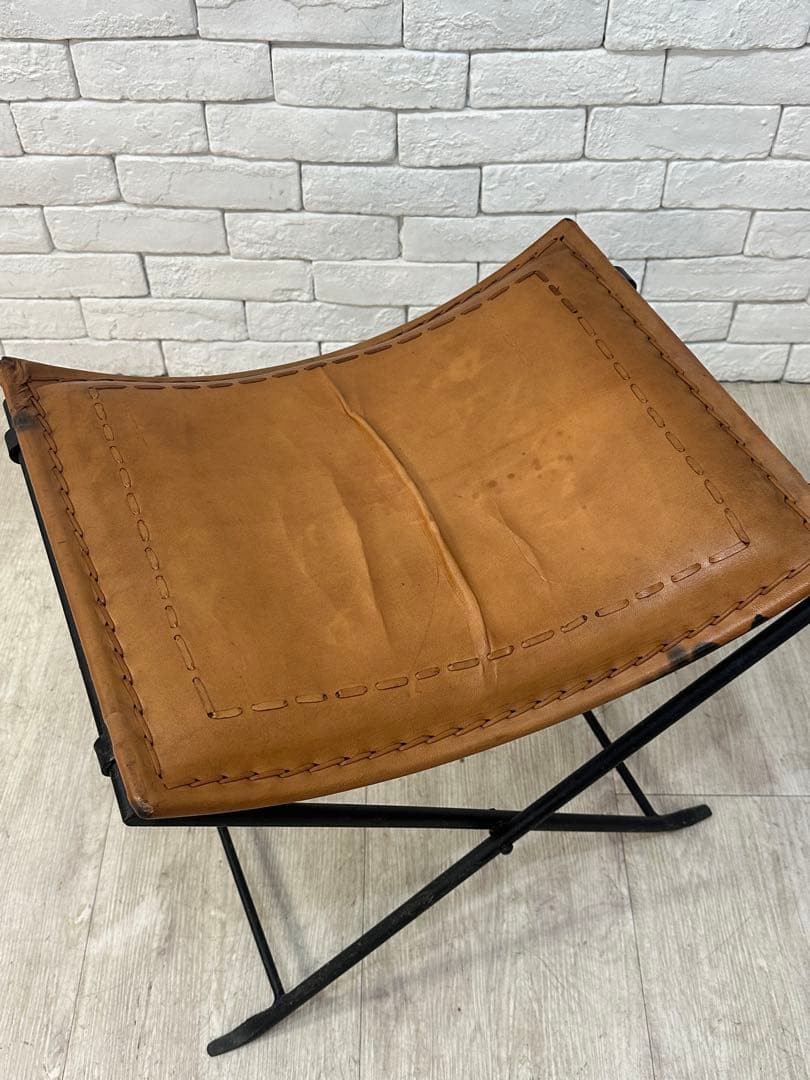 B ⭐️【全国送料無料】インダストリアル　レザー　アイアン　スツール　折りたたみ