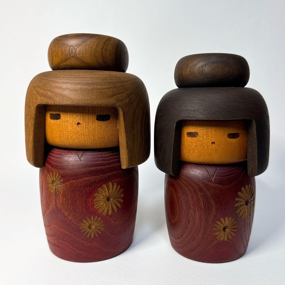 【美品 2体セット】山中三平 創作こけし 「花ことば」 伝統工芸 民芸 郷土玩具