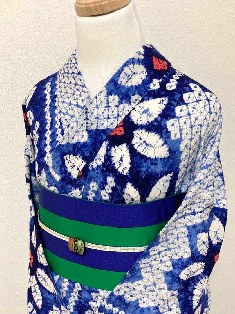 浴衣　有松鳴海絞り　縞と鉄線　裄68.5cm