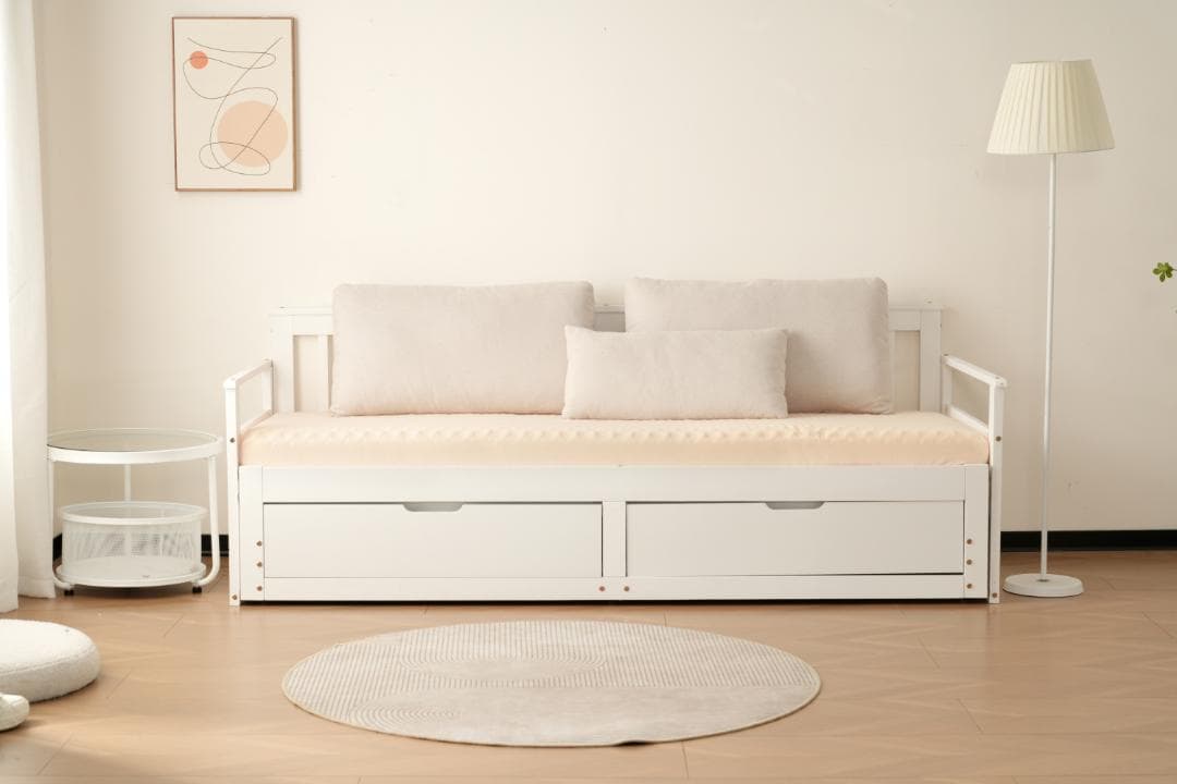 赤字価格！！伸長式ソファベッド引き出し付き 収納付き 天然木　WHITE