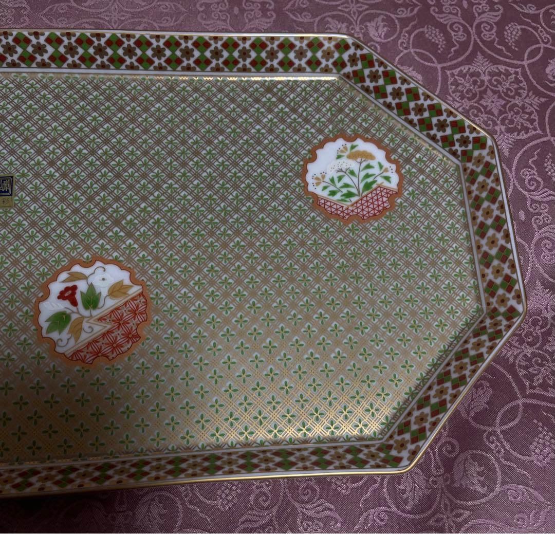 3未使用庫山窯前畑陶器金彩狩衣八角長盛大皿廃盤品 35cm×18cm
