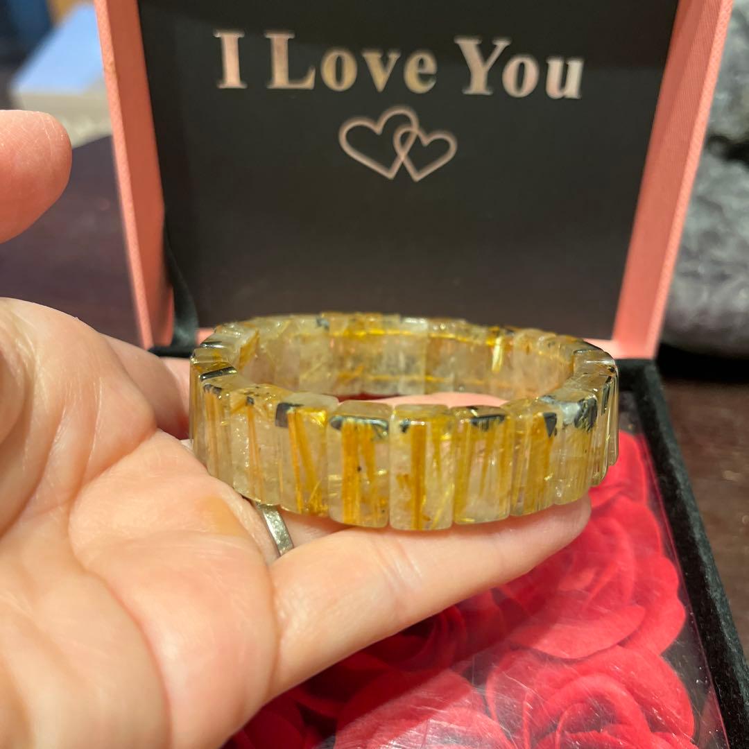 天然石ブレスレット　ゴールドルチルクォーツ　バングル　タイチンルチル