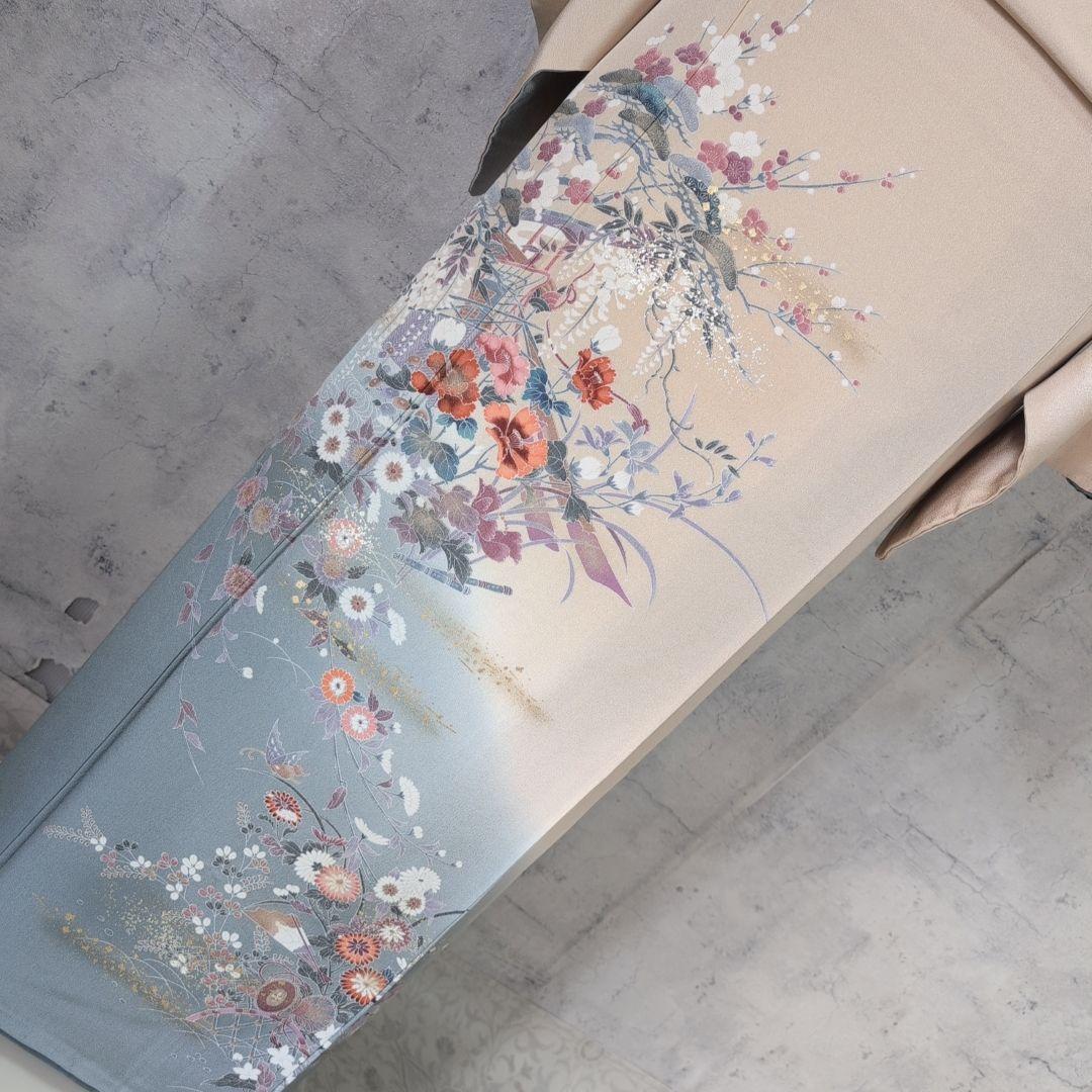 訪問着　フルセット　着物　正絹　花松梅　輝　金彩加工　華やか　友禅　祝い事　F4