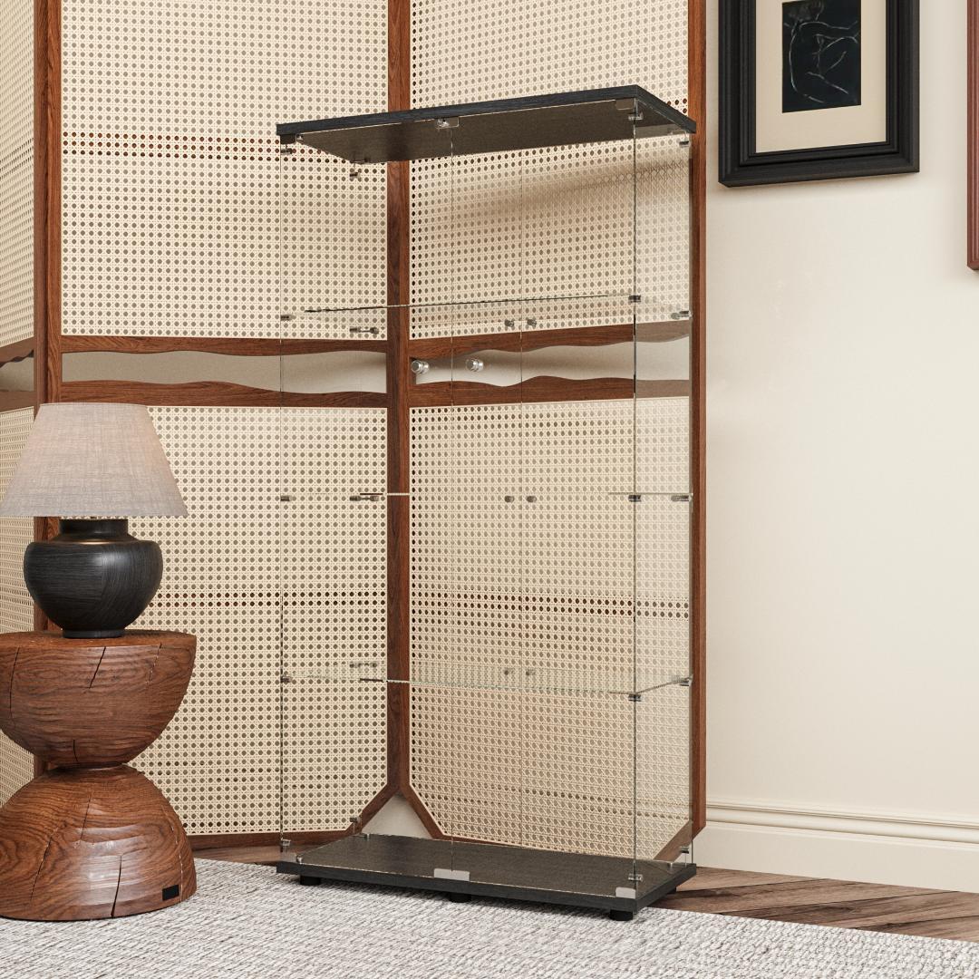 【新品】4段ワイド 棚 ブラック コレクションケース ガラス フィギュアケース