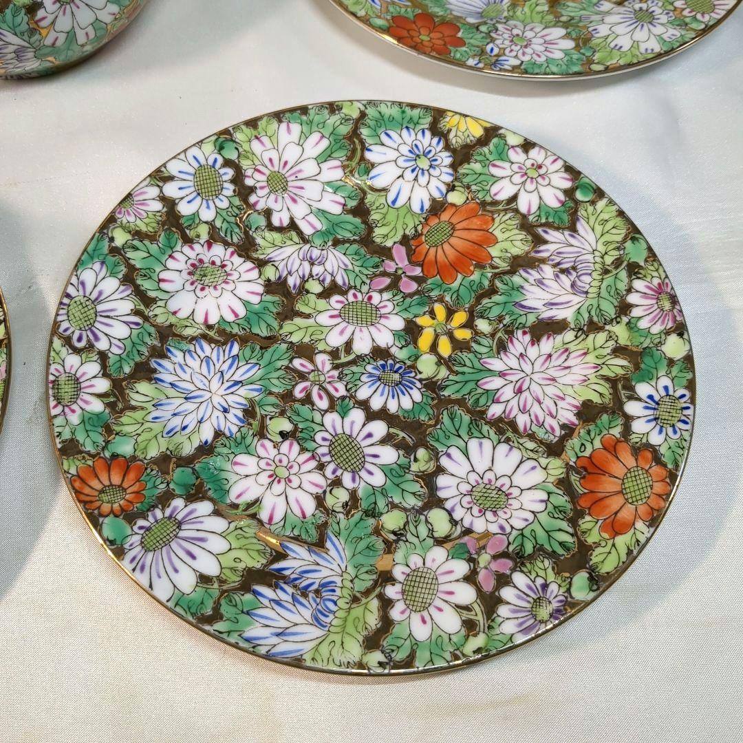 中国　大清乾隆年製　金彩花詰　大皿１枚　中皿６枚　ポット１個　骨董　アンティーク