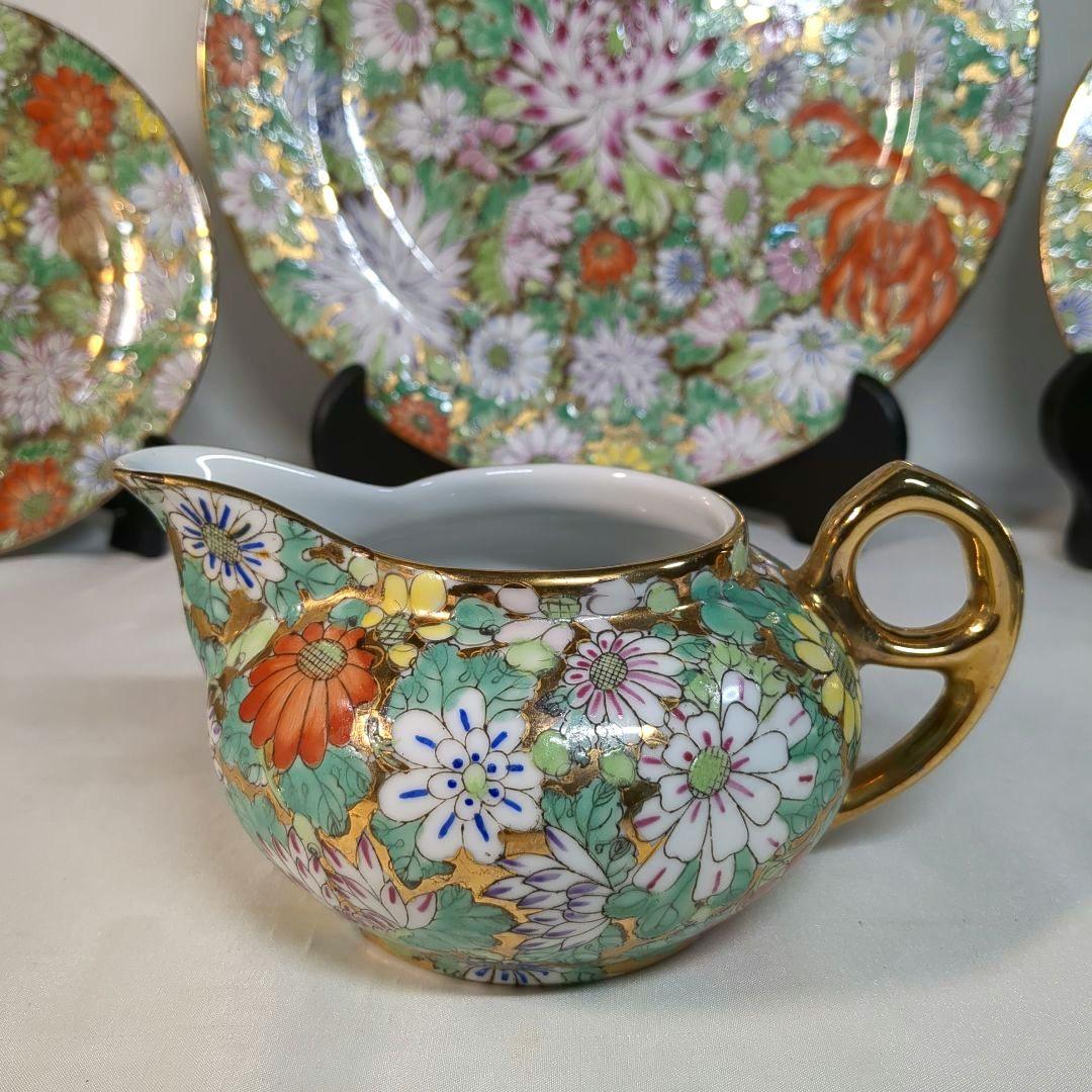 中国　大清乾隆年製　金彩花詰　大皿１枚　中皿６枚　ポット１個　骨董　アンティーク