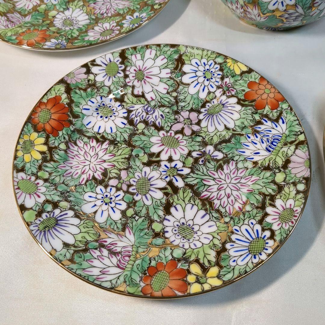 中国　大清乾隆年製　金彩花詰　大皿１枚　中皿６枚　ポット１個　骨董　アンティーク