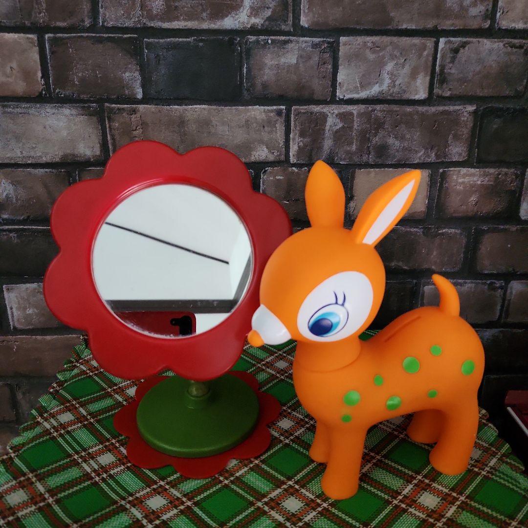 ☘️昭和レトロポップ☘️オレンジ色の子鹿貯金箱&フラワーミラー
