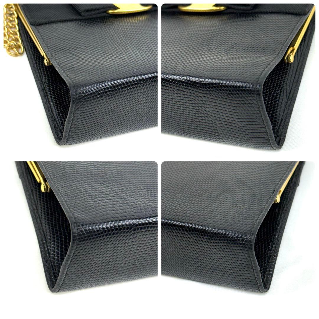 美品✨フェラガモ ショルダーバッグ ヴァラリボン リザード がま口 ゴールド 黒