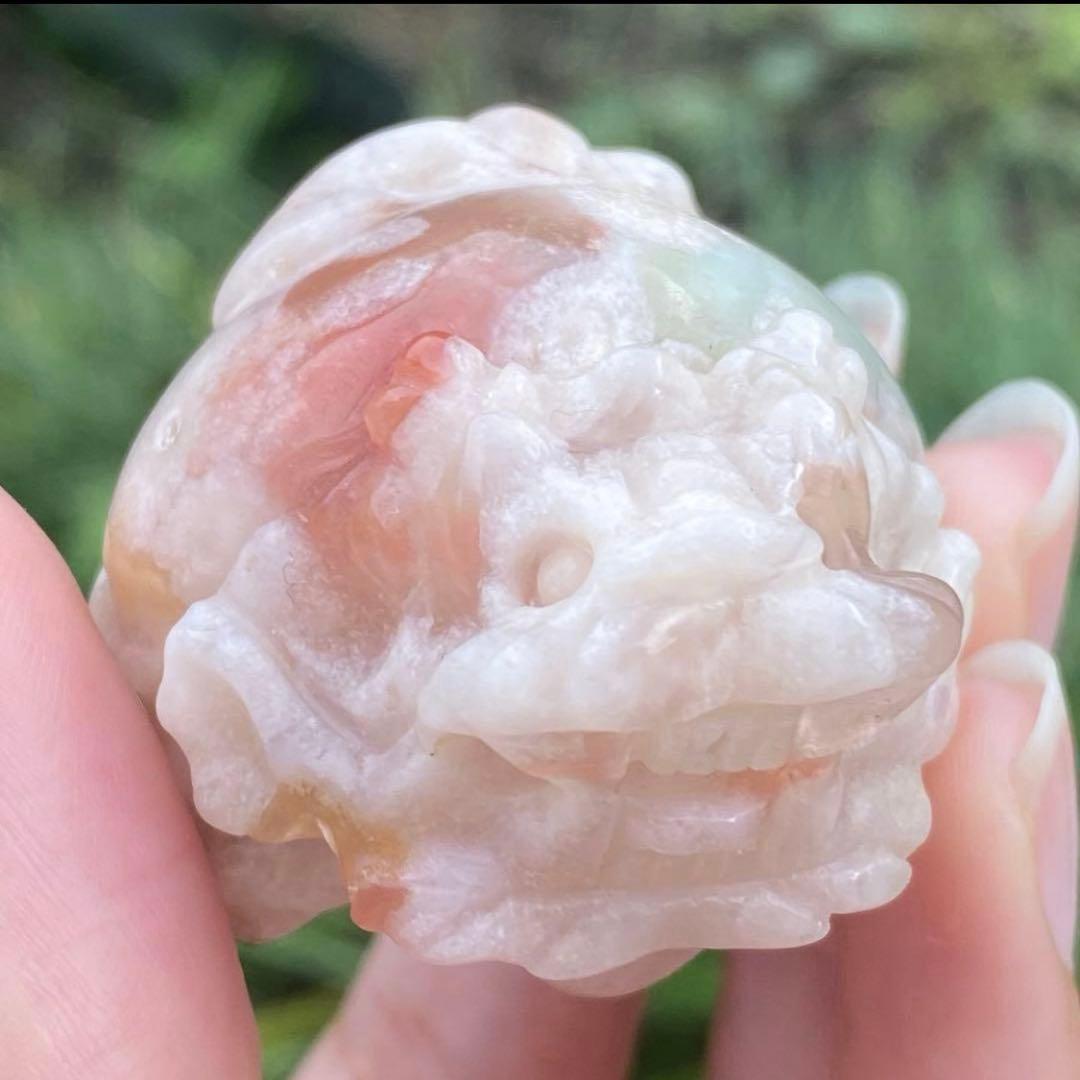 希少 グリーン桜瑪瑙 フラワーアゲート チェリーブロッサム 龍亀 天然石 置物