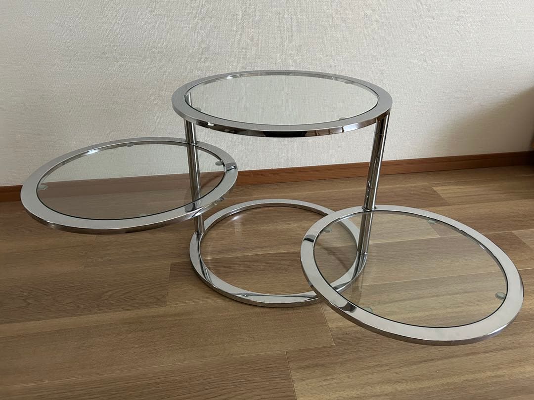 ミッドセンチュリー　北欧ラウンドテーブル3段ガラススライドテーブル☆たのメル便