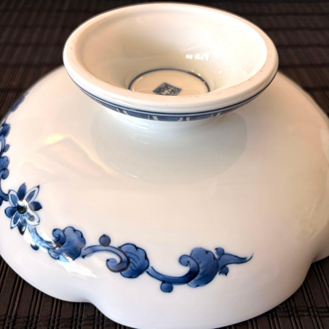 【未使用品】【三川内焼】平戸松山窯 染付花鳥 高台鉢 高台皿 足付き皿コンポート