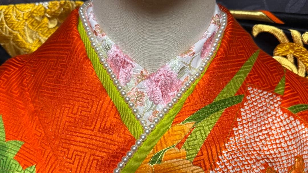 正絹振袖フルセット★金駒刺繍★大輪花紋様★オレンジ色