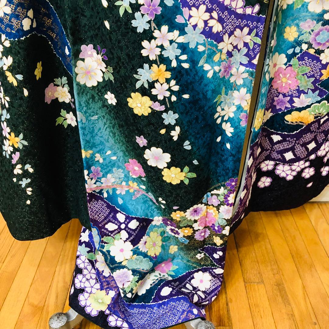 振袖正絹フルセット‼️豪華絢爛深緑×水色ラメキッラキラ⭐︎花々金彩刺繍⭐︎新品豪華袋帯