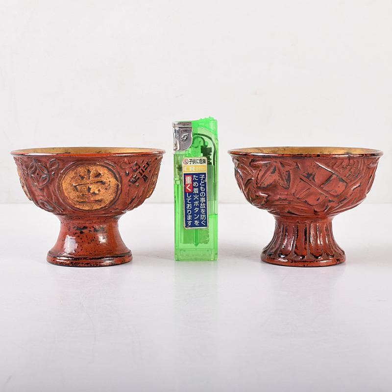 根来塗　朱塗　金彩　紅葉刻　漢詩刻　杯　一對　時代箱付　F　R8032