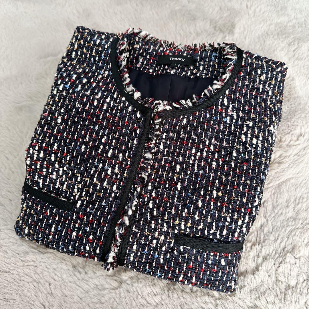 Theory セオリー ツイード ノーカラージャケット フリンジ M サイズ2