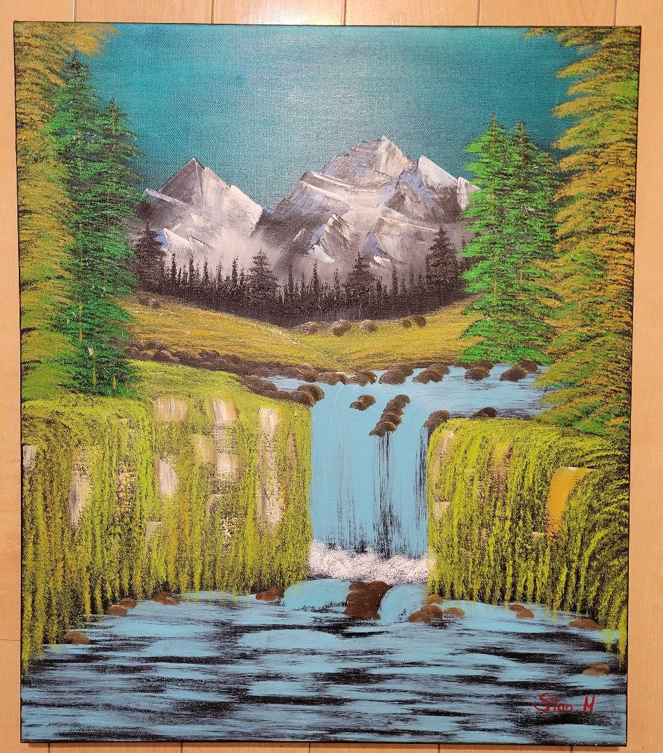 Valley waterfall 風景画  油彩画 額縁 肉筆