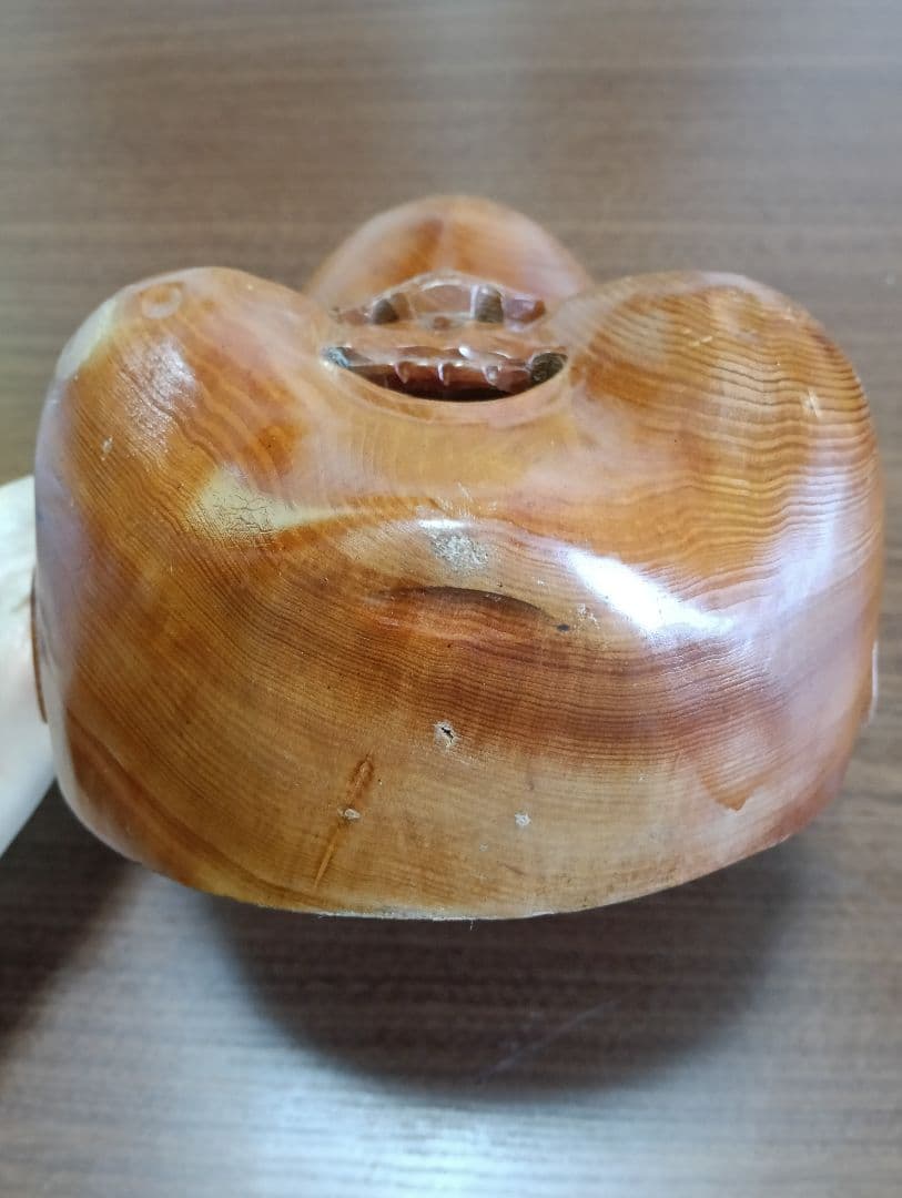 骨董　木製面　おかめ 　縁起物　手掘り　木彫り　壁掛け　お面