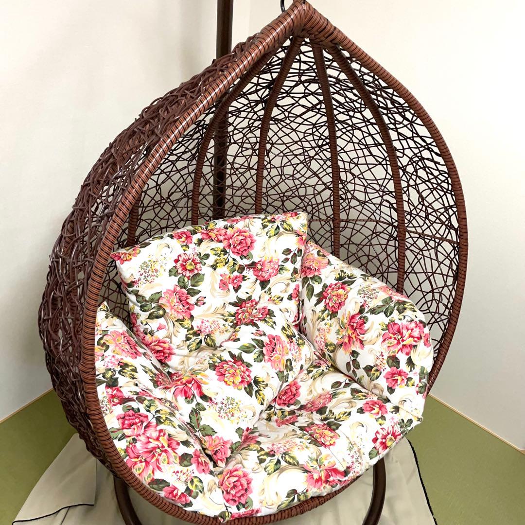 ◆【直接受渡し限定】ハンギングチェア 花柄クッション付き ブラウン