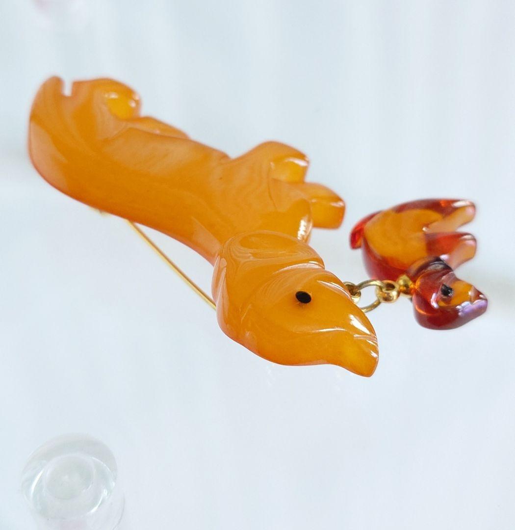 ヴィンテージ ブローチ バルト海琥珀 アンバー2種 ダックスフンド 親子 E49