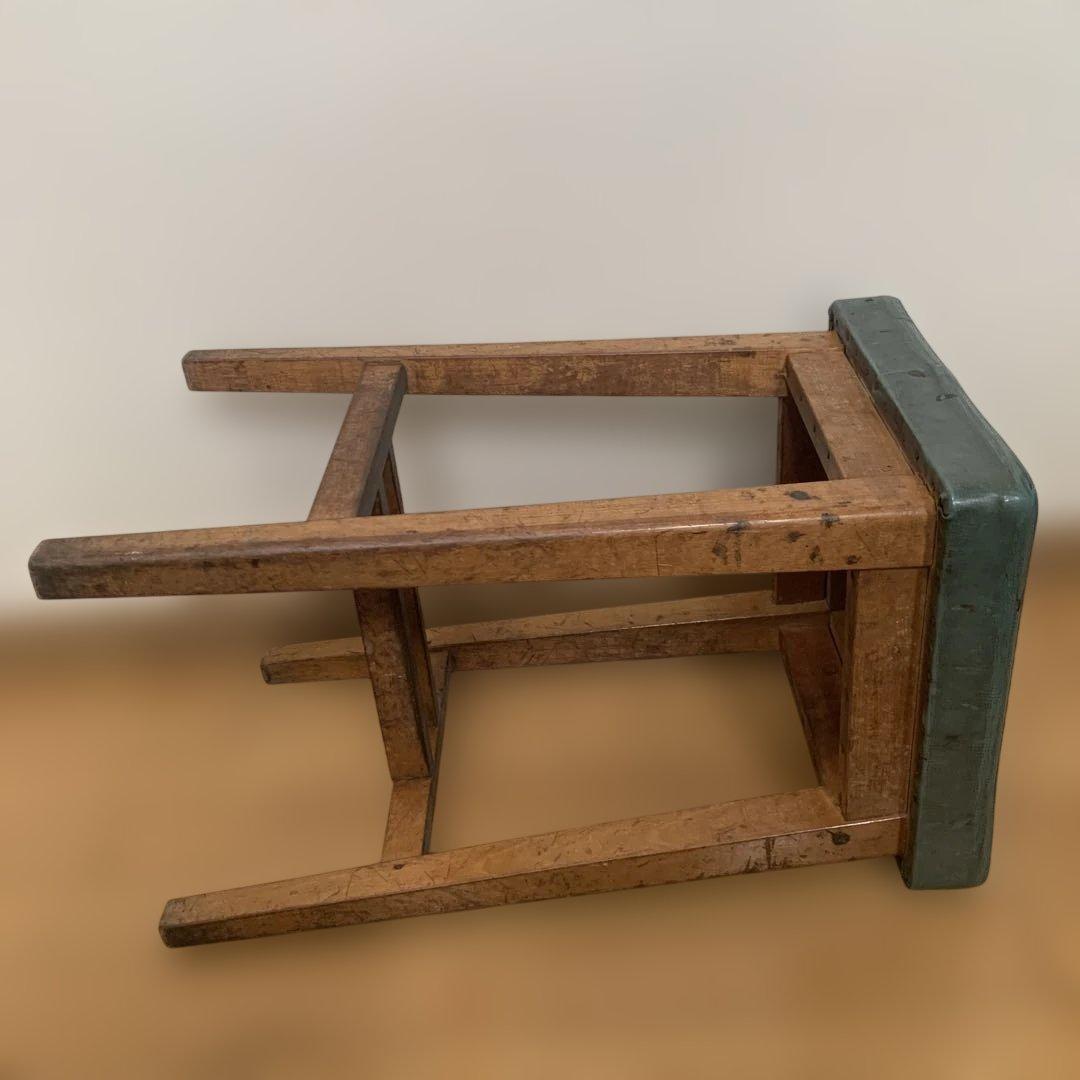 昭和レトロ　木製スツール 緑色クッション付き アンティーク　インテリア　オブジェ