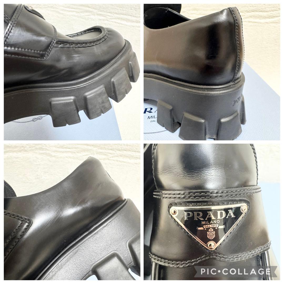 美品 プラダ ローファー モノリス 三角ロゴ ブラッシュドレザー 厚底 25 黒