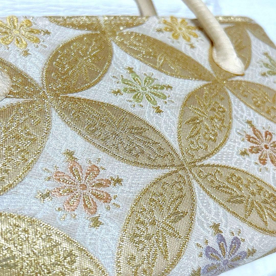 利休バッグ　七宝　正絹　金糸　アイボリー　クリーム系　美品