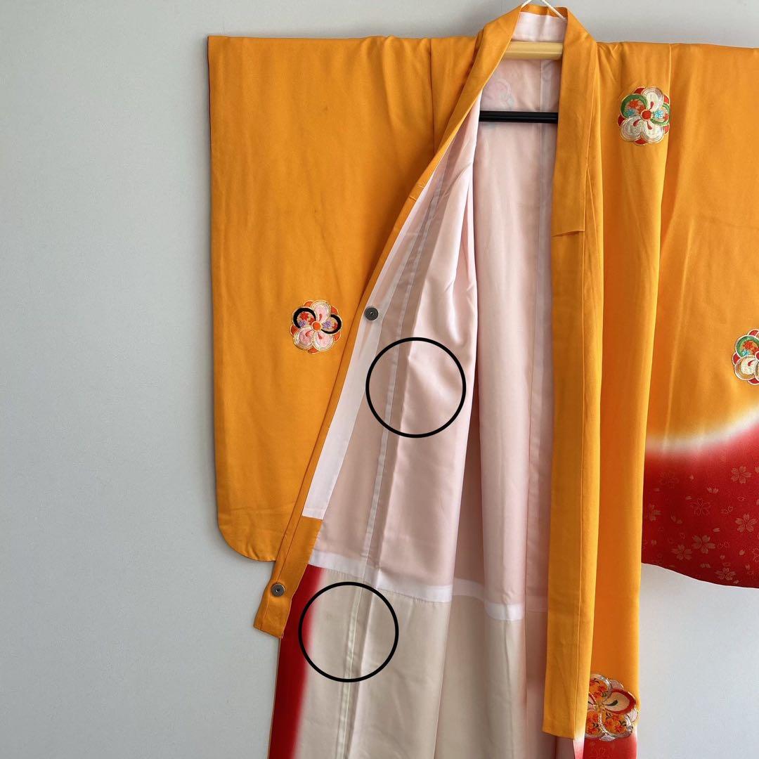 セット　七五三７歳女の子　着物＆帯＆簡単半衿＆小物　豪華刺繍　みかん色金銀刺繍桜