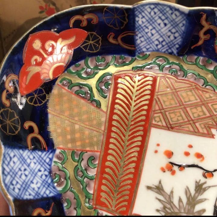 A641 古伊万里　上手　金蘭手　扇面窓絵　雲に梅紋様　変化菱形皿　5枚