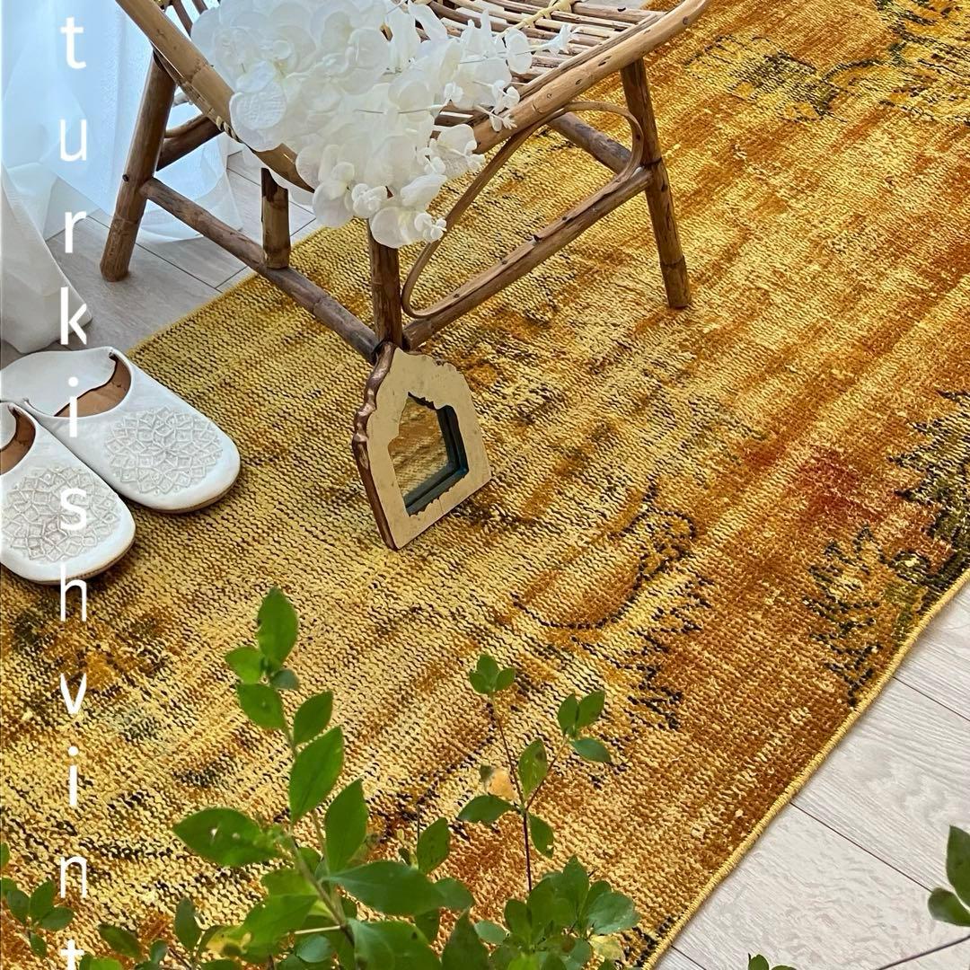 超ロング/オーバーダイ　幸福イエロー　グリーン　ランナー　トルコヴィンテージラグ