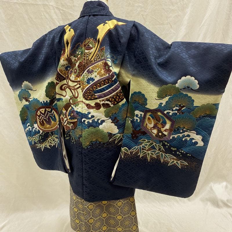 601ab53◎七五三 五歳 男児 着物&羽織&袴&角帯&長襦袢 淡鉄紺◎美品