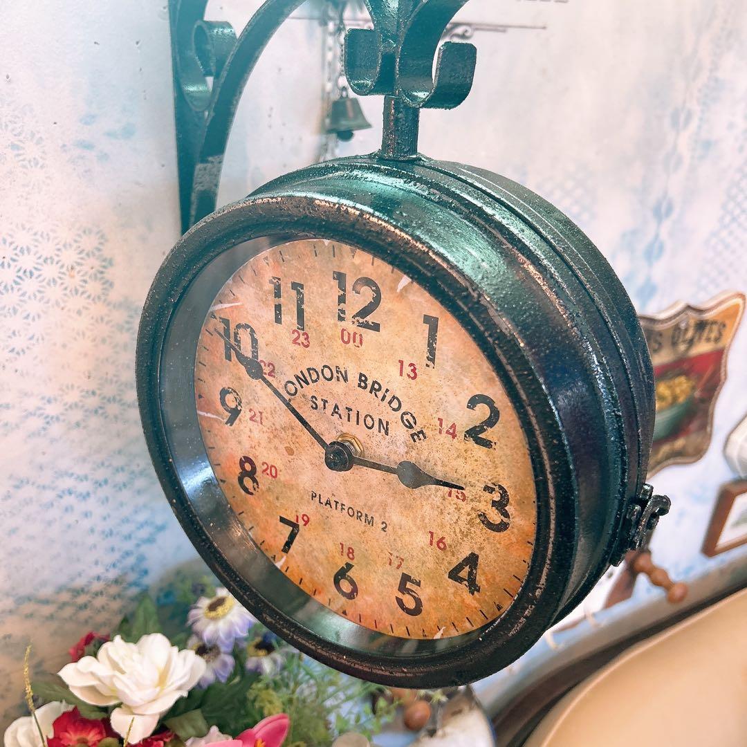 おしゃれな壁掛け時計 アンティーク 風見鶏top 両面時計 シャビーブラック