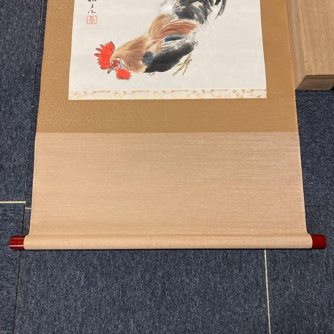 掛軸 安藤栖阜『鶏 にわとり』日本画 紙本 肉筆 共箱付 掛け軸 No.974