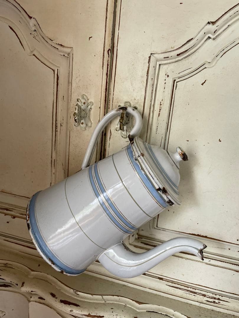 Kアンティーク　ホーロー　ポット　エトワール社　ライトブルー　ホワイト